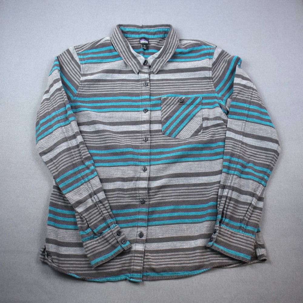 Patagonia Organic Cotton Striped Button Down Shirt Women's 10 Turquoise Gray - Picture 2 of 9